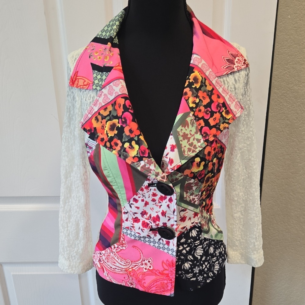 Alberto Makali Patchwork Lace Blazer‎ Jacket Womens Size 2 Colorful Boho Chic